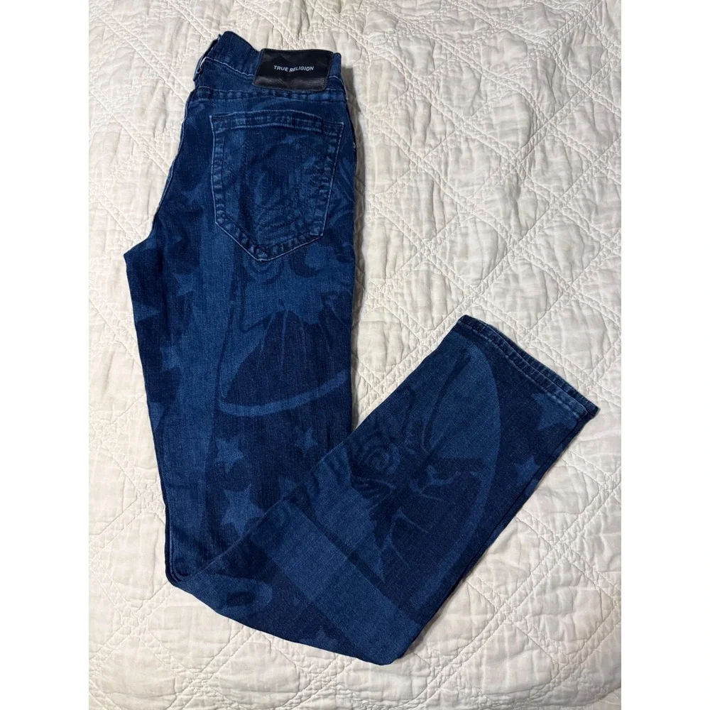 True Religion Geno Slim Straight Lasered Celestial Stars Moon Jean Blue Mens 32